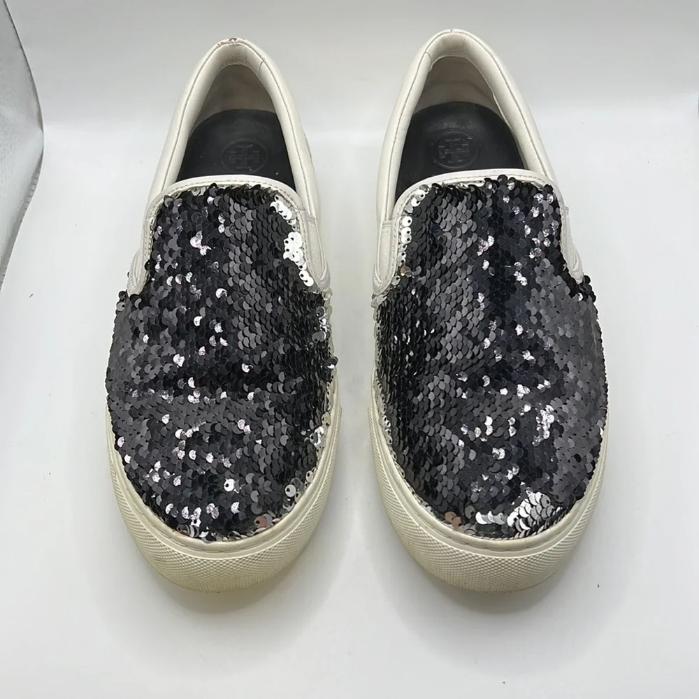 Tory Burch Carter Slip On Sneakers Loafers Shoes Sequins White Black Womens 10 - Picture 5 of 16